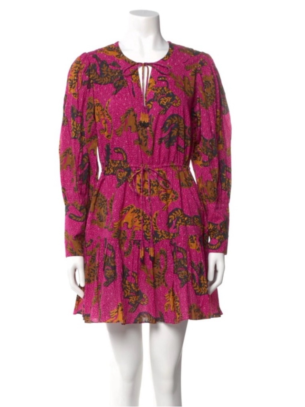 FARM Rio Pink and Olive leopard Printed Long‑Sleeve Tiered Mini Dress NWOT